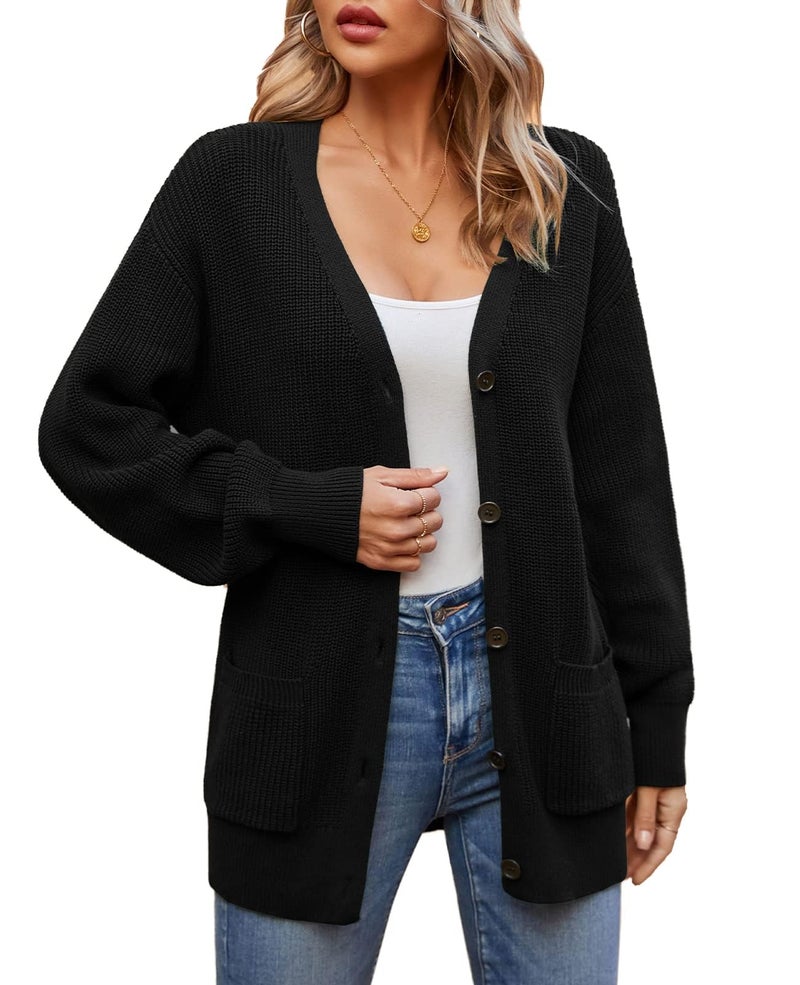 QUALFORT Women's 100% Cotton Cardigans for Women Lantern Sleeve Oversized Sweater with Pockets Womens Fall Cardigans 2026 Black Large - Image 3