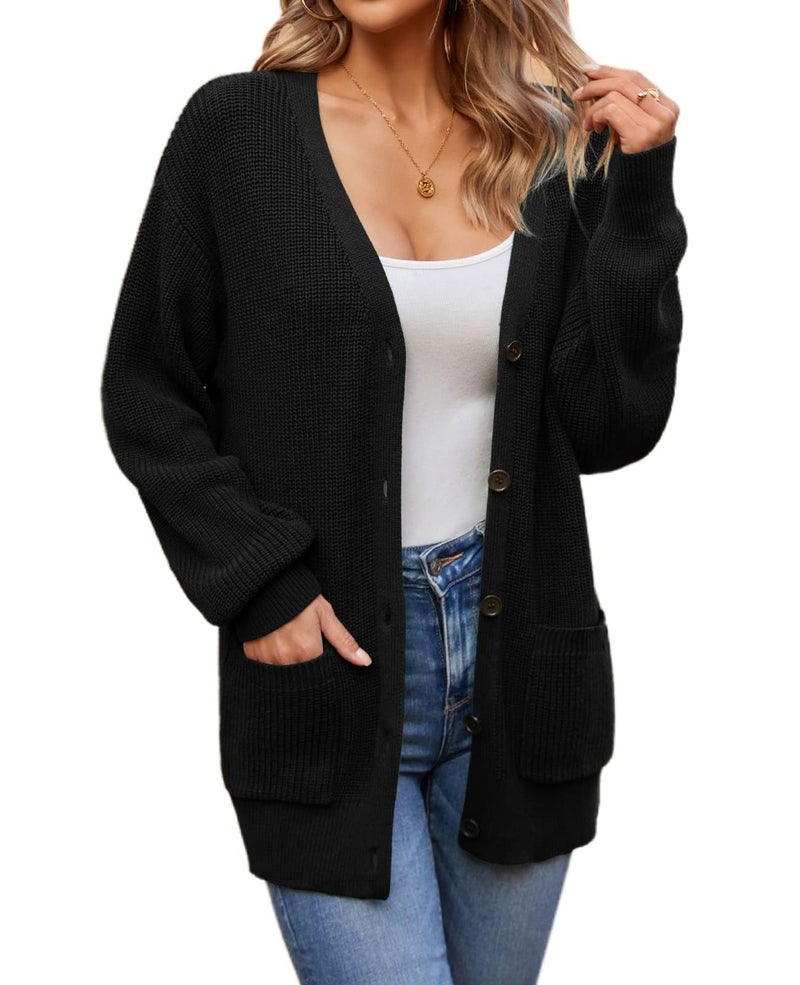 QUALFORT Women's 100% Cotton Cardigans for Women Lantern Sleeve Oversized Sweater with Pockets Womens Fall Cardigans 2026 Black Large - Image 1