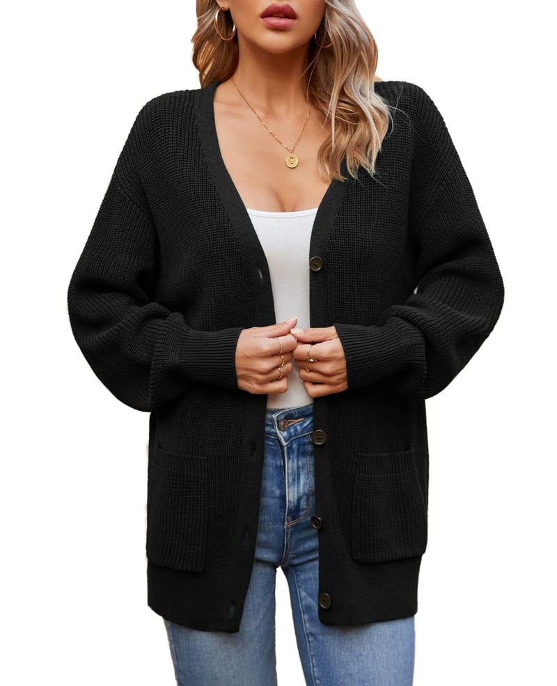 QUALFORT Women's 100% Cotton Cardigans for Women Lantern Sleeve Oversized Sweater with Pockets Womens Fall Cardigans 2026 Black Large - Image 5