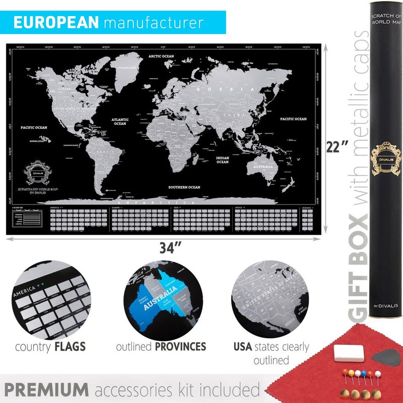 Strong durable raw material Scratch Off World Map - XL Poster with Detailed Scratch World Map in Black and Silver - High Quality Extra Large Travel Map - The Perfect Gift for Adventurers - Giant Map with Accessories Trusted all-purpose quality - Image 5