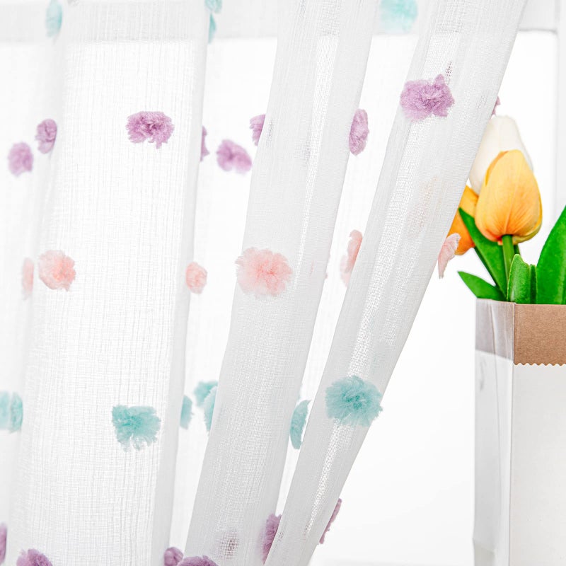 MYSKY HOME MYSKY HOME Pom Pom Curtains for Girls Bedroom Rainbow Nursery Curains for Boys Kids Room Colorful White Sheer Curtains for Living Room Playroom Rod Pocket Window 52 x 63 Set of 2 