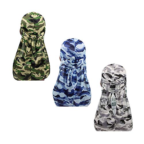 Diy Military Camouflage Premium Silky Durags with Long Tail Colorful 360 Waves Doo rag for Men Du rag Cap (3/4 Packed), Set1-silky-3 Packed, Medium - Image 1