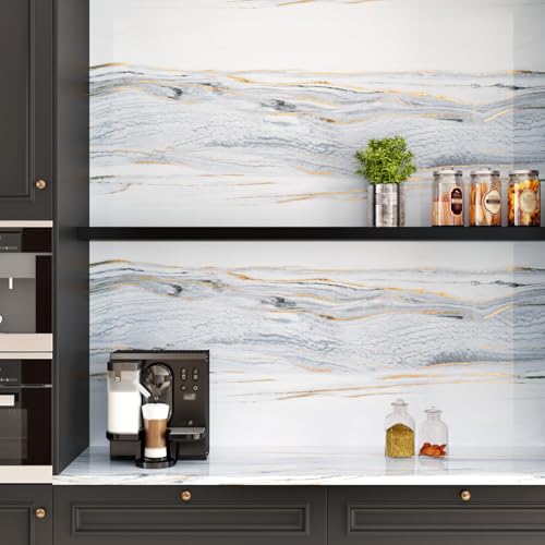 Wallercity White Marble Contact Paper Peel and Stick Countertops Waterproof Glossy Gold Marble Wallpaper Self Adhesive Granite Kitchen Counter Contact Paper for Cabinets Drawers Table 24 x 158 - Image 3
