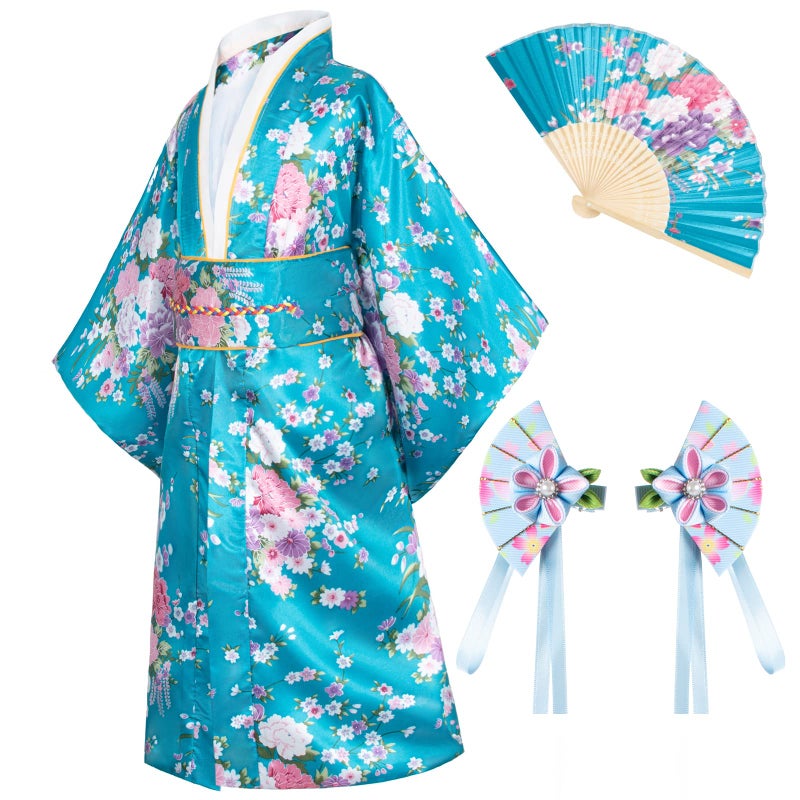 Japanese Traditional Dress Kimono Robe for Kids Girls Costume Silk Folding Fans hairstick SetBlue1Type110cm