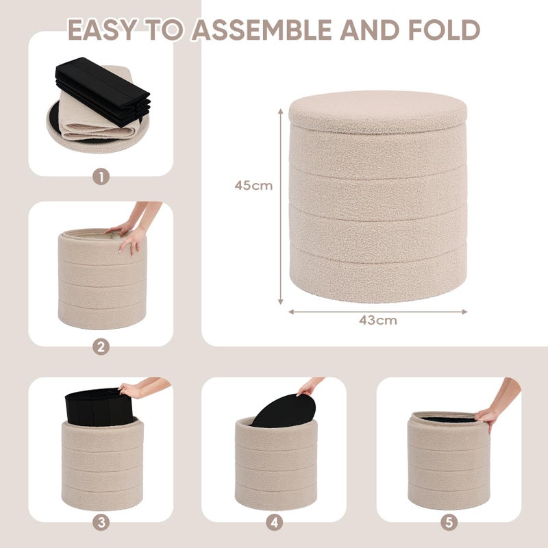 PINPLUS Round Storage Ottoman Foot Rest Stool with Tray Velvet Sherpa Folding Storage Ottoman,Boucle Foot Rest for Living Room, Bedroom, Dorm,Beige Color - Image 5