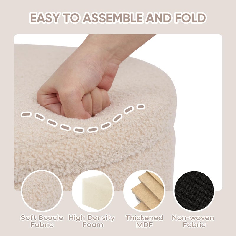 PINPLUS Round Storage Ottoman Foot Rest Stool with Tray Velvet Sherpa Folding Storage Ottoman,Boucle Foot Rest for Living Room, Bedroom, Dorm,Beige Color - Image 4