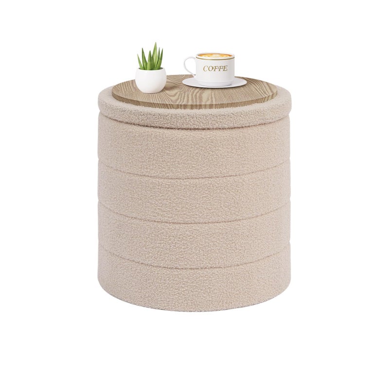 PINPLUS Round Storage Ottoman Foot Rest Stool with Tray Velvet Sherpa Folding Storage Ottoman,Boucle Foot Rest for Living Room, Bedroom, Dorm,Beige Color - Image 1