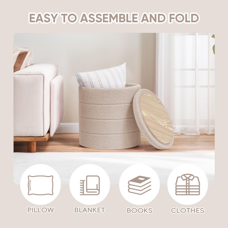 PINPLUS Round Storage Ottoman Foot Rest Stool with Tray Velvet Sherpa Folding Storage Ottoman,Boucle Foot Rest for Living Room, Bedroom, Dorm,Beige Color - Image 2