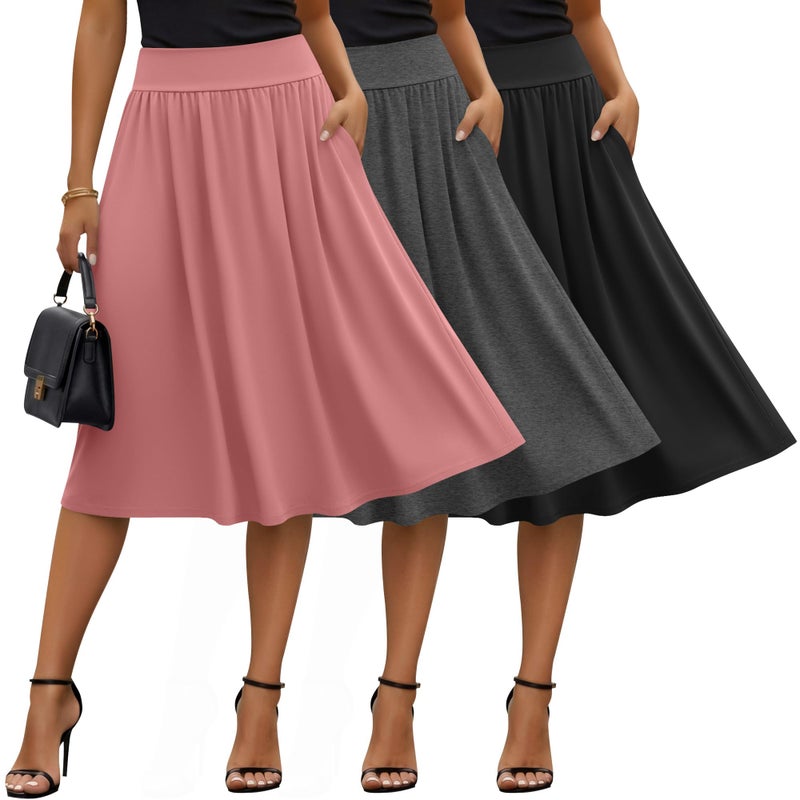 Evervibe 3 Pcs Womens Midi Skirts Knee Length with Pockets Casual High Waisted 2026 Trendy Summer Midi Skirt for Ladies(Medium,Black, Gray, Pink) - Image 1