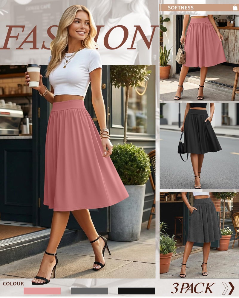 Evervibe 3 Pcs Womens Midi Skirts Knee Length with Pockets Casual High Waisted 2026 Trendy Summer Midi Skirt for Ladies(Medium,Black, Gray, Pink) - Image 4