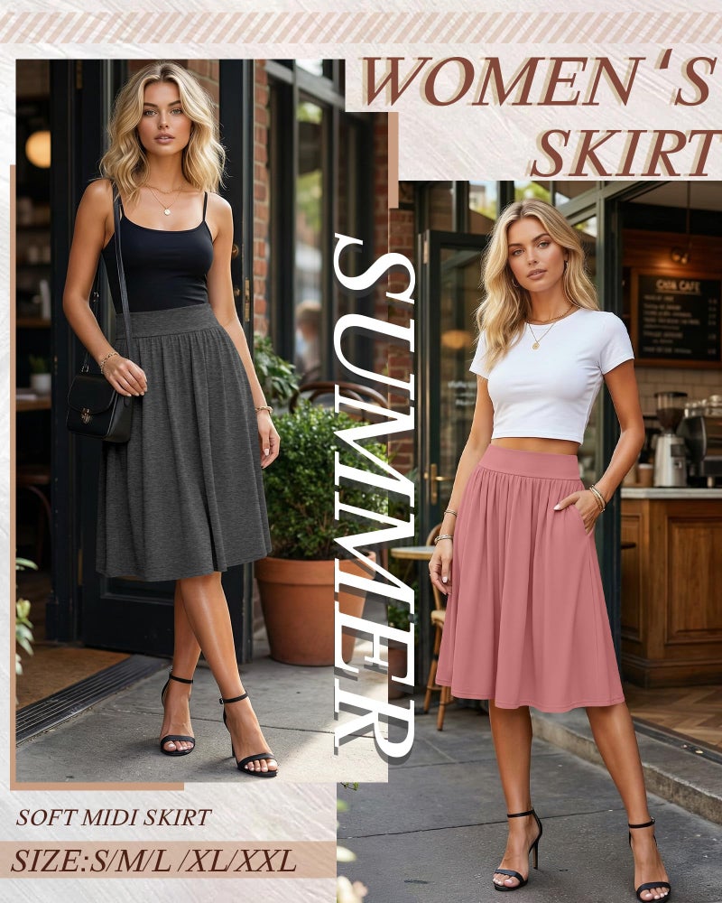 Evervibe 3 Pcs Womens Midi Skirts Knee Length with Pockets Casual High Waisted 2026 Trendy Summer Midi Skirt for Ladies(Medium,Black, Gray, Pink) - Image 3