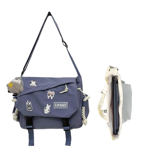 INSHERE Aesthetic Crossbody Bag  15.6 Inch Laptop Messenger Bag For Women  Cute Shoulder Bag With Cute Pins And Ornament Blue - Image 1