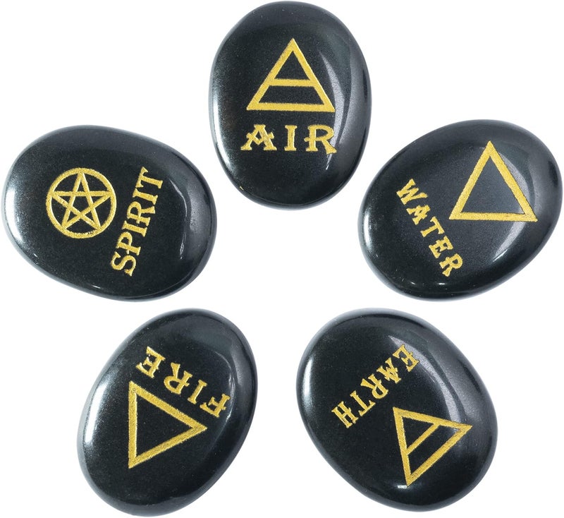 Crocon 5 Elements Black Tourmaline Stones Engraved Triangle Symbols (Earth Air Fire Water Spirit) Polished Palm Stones for Gemstone Reiki Crystals Healing Pocket Stones Good Luck Gift