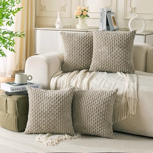 Cozoomy Set of 4 Taupe Decorative Throw Pillow Covers 18x18 Inch Corduroy Pillow Covers for Bed Couch Sofa Living Room Soft Square Cushion Cases - Image 1