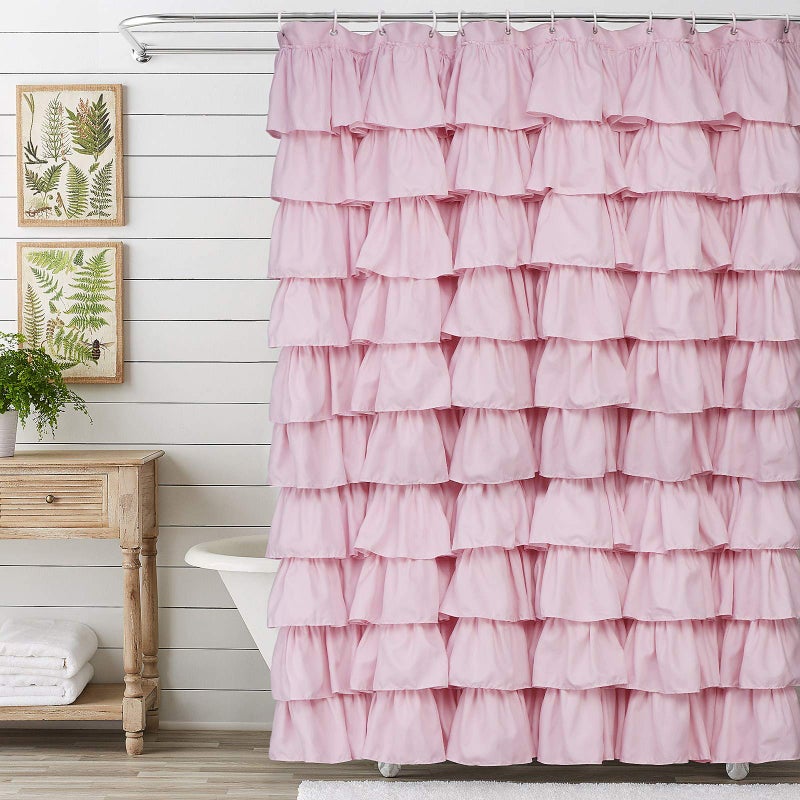Volens Pink Ruffle Shower Curtain Farmhouse Rustic Fabric Cloth Shower Curtains for Bathroom 72 x 72
