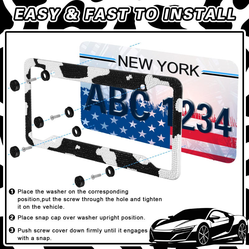 DaisyInner 3 Pcs Sparkly Car Accessories with Rhinestone License Plate Frame and 2 Pcs Bling Anti Slip Cup Holder for Women Girly Glitter Tag Frames Rust Proof Auto Decoration(Cow,Black White) - Image 5