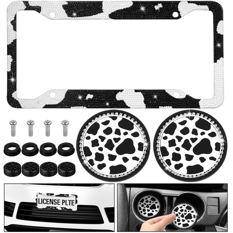 DaisyInner 3 Pcs Sparkly Car Accessories with Rhinestone License Plate Frame and 2 Pcs Bling Anti Slip Cup Holder for Women Girly Glitter Tag Frames Rust Proof Auto Decoration(Cow,Black White) - Image 1