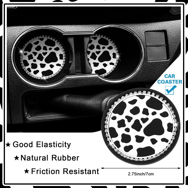 DaisyInner 3 Pcs Sparkly Car Accessories with Rhinestone License Plate Frame and 2 Pcs Bling Anti Slip Cup Holder for Women Girly Glitter Tag Frames Rust Proof Auto Decoration(Cow,Black White) - Image 3