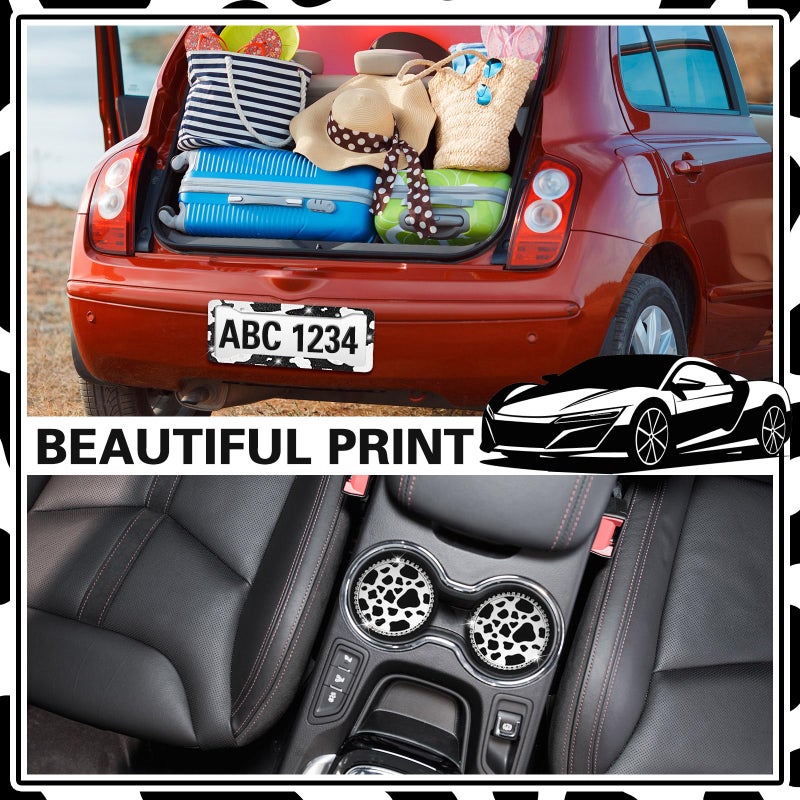 DaisyInner 3 Pcs Sparkly Car Accessories with Rhinestone License Plate Frame and 2 Pcs Bling Anti Slip Cup Holder for Women Girly Glitter Tag Frames Rust Proof Auto Decoration(Cow,Black White) - Image 4