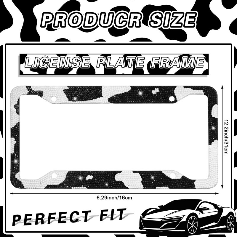 DaisyInner 3 Pcs Sparkly Car Accessories with Rhinestone License Plate Frame and 2 Pcs Bling Anti Slip Cup Holder for Women Girly Glitter Tag Frames Rust Proof Auto Decoration(Cow,Black White) - Image 2