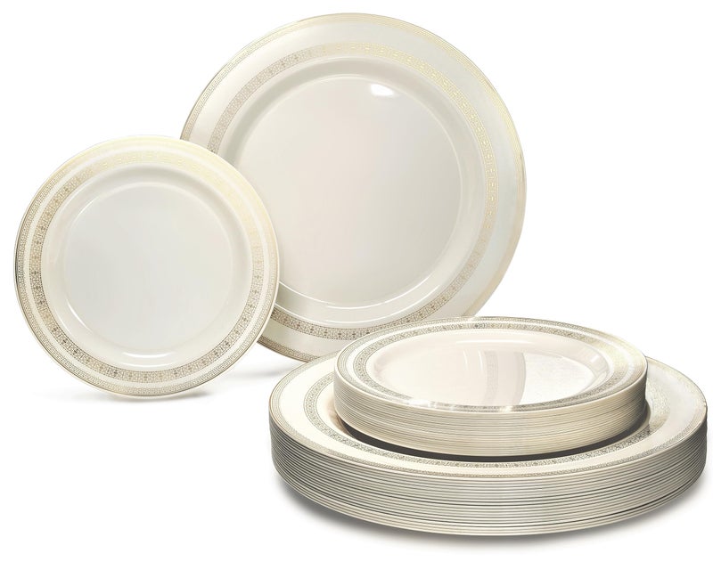 OCCASIONS FINEST PLASTIC TABLEWARE OCCASIONS 240 Plates Pack120 Guests Heavyweight Premium Wedding Party Disposable Plastic Plates Set 120 x 105 Dinner  120 x 75 SaladDessert Lace IvoryGold 