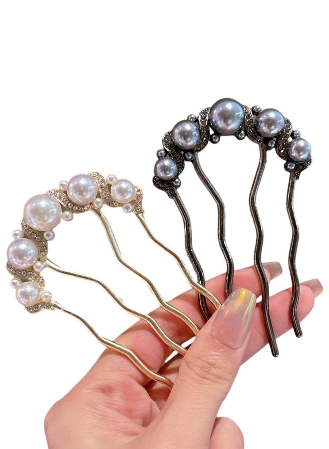 مكمهينغ بوب قطعتان من أمشاط الشعر الجانبية العتيقة مع لؤلؤ صناعي، دبوس شعر ملتوي على شكل حرف U فرنسي، مشبك شوكة شعر، أداة تصفيف شعر فوضوية للنساء والفتيات - Image 1