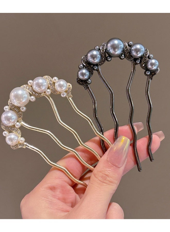 مكمهينغ بوب قطعتان من أمشاط الشعر الجانبية العتيقة مع لؤلؤ صناعي، دبوس شعر ملتوي على شكل حرف U فرنسي، مشبك شوكة شعر، أداة تصفيف شعر فوضوية للنساء والفتيات - Image 3