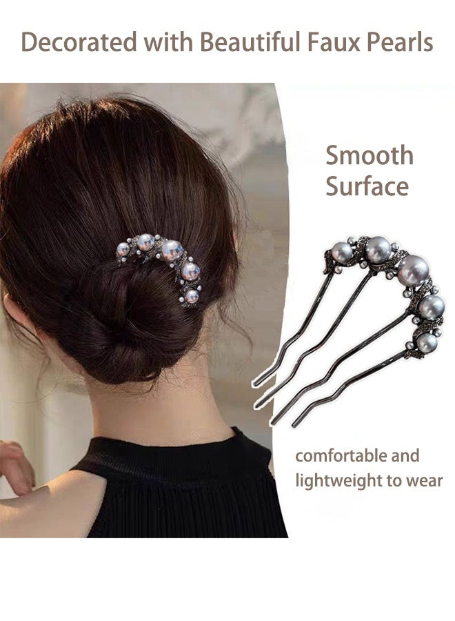 مكمهينغ بوب قطعتان من أمشاط الشعر الجانبية العتيقة مع لؤلؤ صناعي، دبوس شعر ملتوي على شكل حرف U فرنسي، مشبك شوكة شعر، أداة تصفيف شعر فوضوية للنساء والفتيات - Image 2