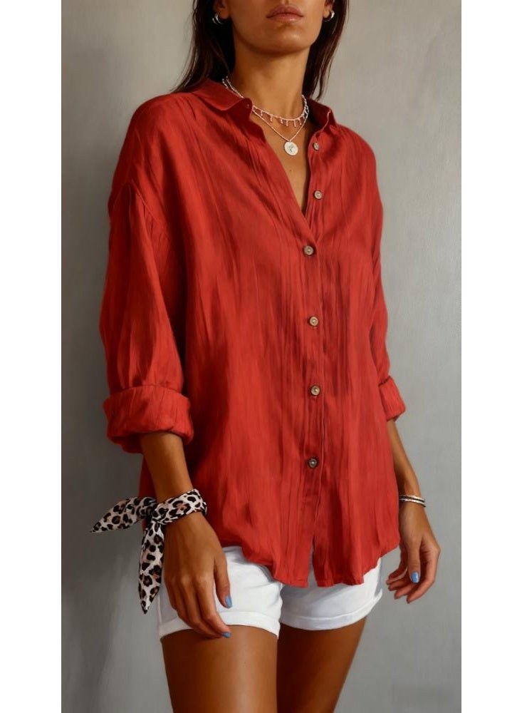 قميص نسائي كلاسيكي مطوي الياقة - بلوزة ذات أزرار واحدة منقوشة، بلوزة فضفاضة بأكمام طويلة وياقة للعمل والارتداء اليومي - Image 1