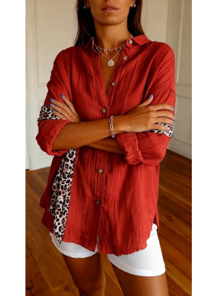 قميص نسائي كلاسيكي مطوي الياقة - بلوزة ذات أزرار واحدة منقوشة، بلوزة فضفاضة بأكمام طويلة وياقة للعمل والارتداء اليومي - Image 2