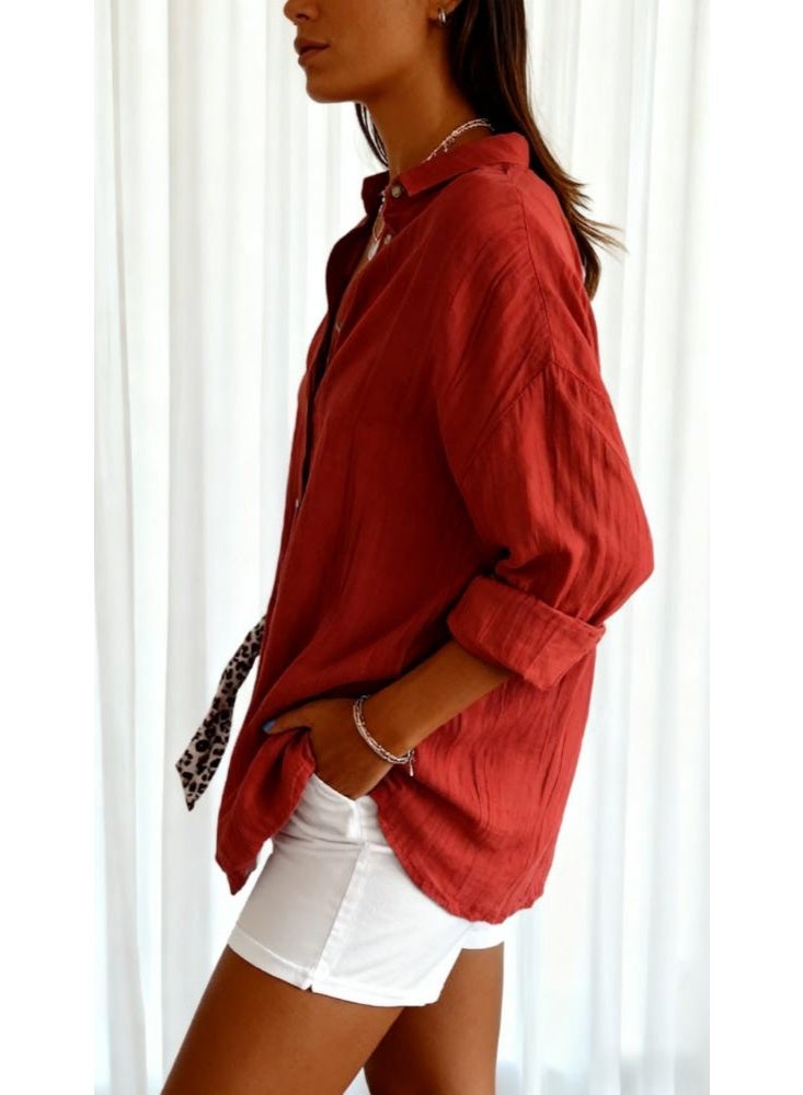 قميص نسائي كلاسيكي مطوي الياقة - بلوزة ذات أزرار واحدة منقوشة، بلوزة فضفاضة بأكمام طويلة وياقة للعمل والارتداء اليومي - Image 3