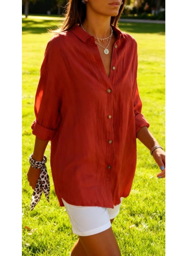 قميص نسائي كلاسيكي مطوي الياقة - بلوزة ذات أزرار واحدة منقوشة، بلوزة فضفاضة بأكمام طويلة وياقة للعمل والارتداء اليومي - Image 4