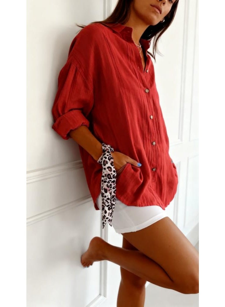 قميص نسائي كلاسيكي مطوي الياقة - بلوزة ذات أزرار واحدة منقوشة، بلوزة فضفاضة بأكمام طويلة وياقة للعمل والارتداء اليومي - Image 5