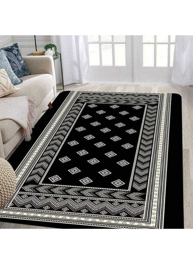 Black & Off-White Geometric Diamond Pattern Area Rug, Polyester, Non-Slip - Image 1