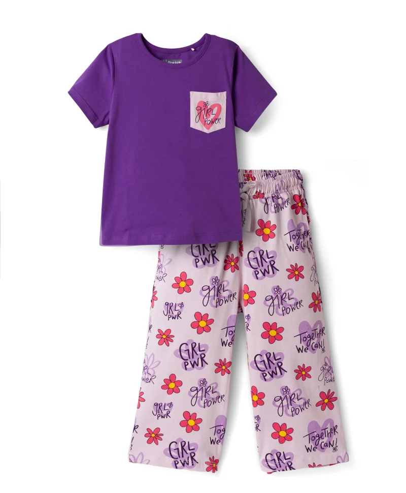 Pine Kids Pine Kids Cotton Knit Half Sleeves Capri Night Suit with Floral Print - Purple