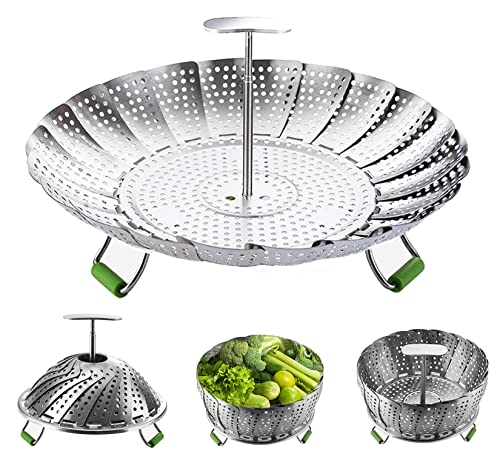 LCPUD Stainless Steel Veggie Steamer Basket with Folding Handle - Expandable to Fit Pots 6.4" to 10" - Image 1