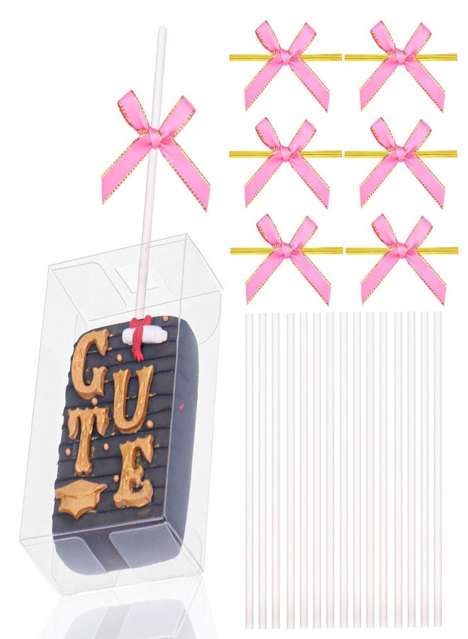 ROSPAKTEK 30 Set Clear Rice Krispie Treat Boxes with White Stick and Pink Tie, 3.5x2.4x1.38 Inches, Clear Boxes for Cakesickle, Treat, Party Favors - Image 1