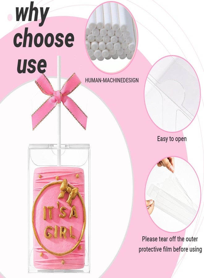 ROSPAKTEK 30 Set Clear Rice Krispie Treat Boxes with White Stick and Pink Tie, 3.5x2.4x1.38 Inches, Clear Boxes for Cakesickle, Treat, Party Favors - Image 4
