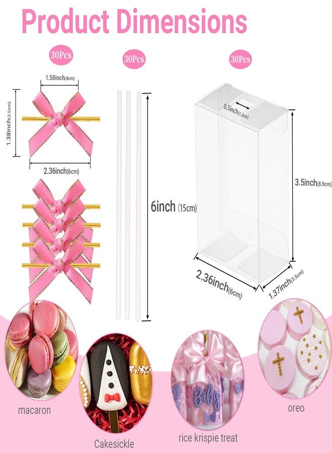 ROSPAKTEK 30 Set Clear Rice Krispie Treat Boxes with White Stick and Pink Tie, 3.5x2.4x1.38 Inches, Clear Boxes for Cakesickle, Treat, Party Favors - Image 3