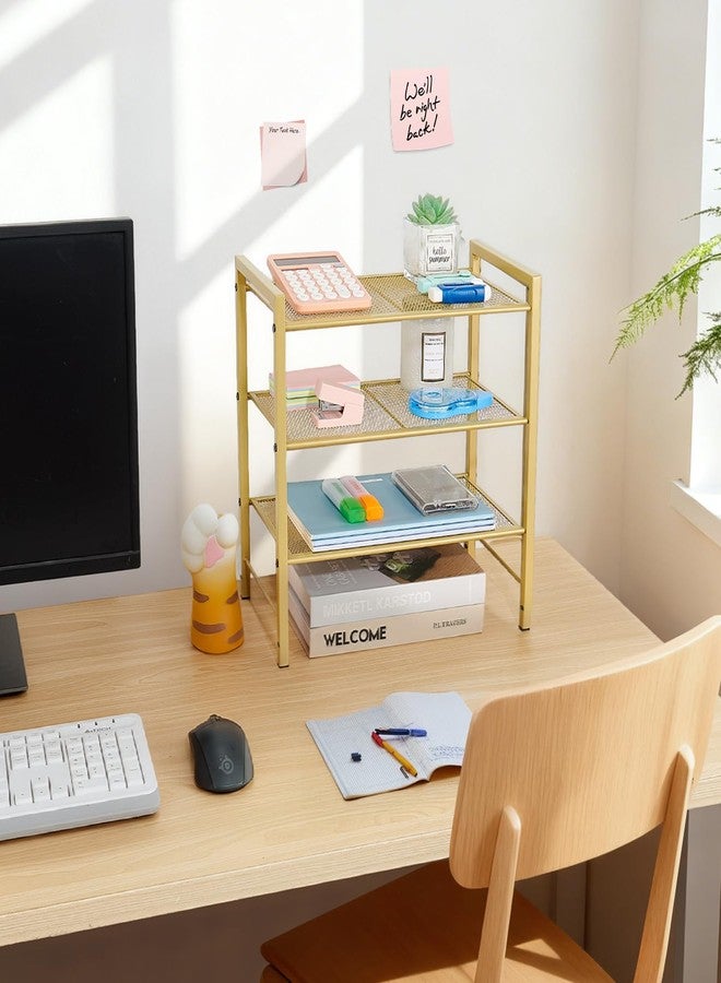 Becomrock Desktop Shelf Organizer, 3-Tier Office Storage Rack, Adjustable Metal Bookshelf for Top of Desk, Desk Organizer for Office, Home, Dorm and Small Spaces (Gold) - Image 2