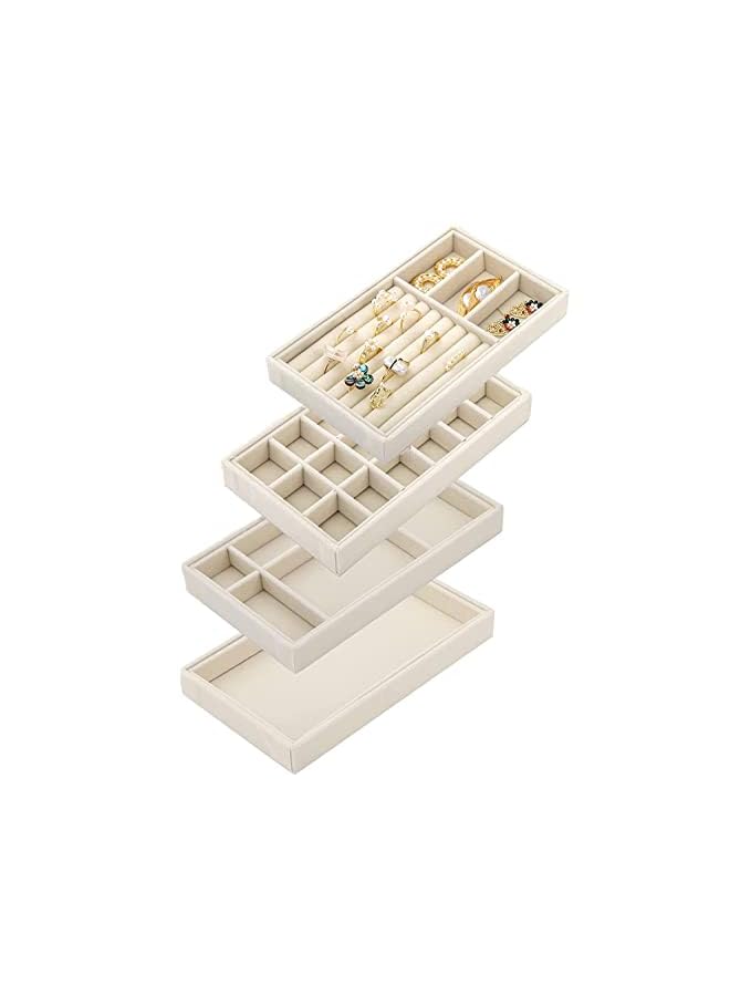 KASTWAVE Trays Organizer Set for Drawers, Stackable Jewellery Inserts Dividers Box Storage Organiser Compartments, Earring Necklace Bracelet Ring Organizer, 4 Style (Beige) - Image 2