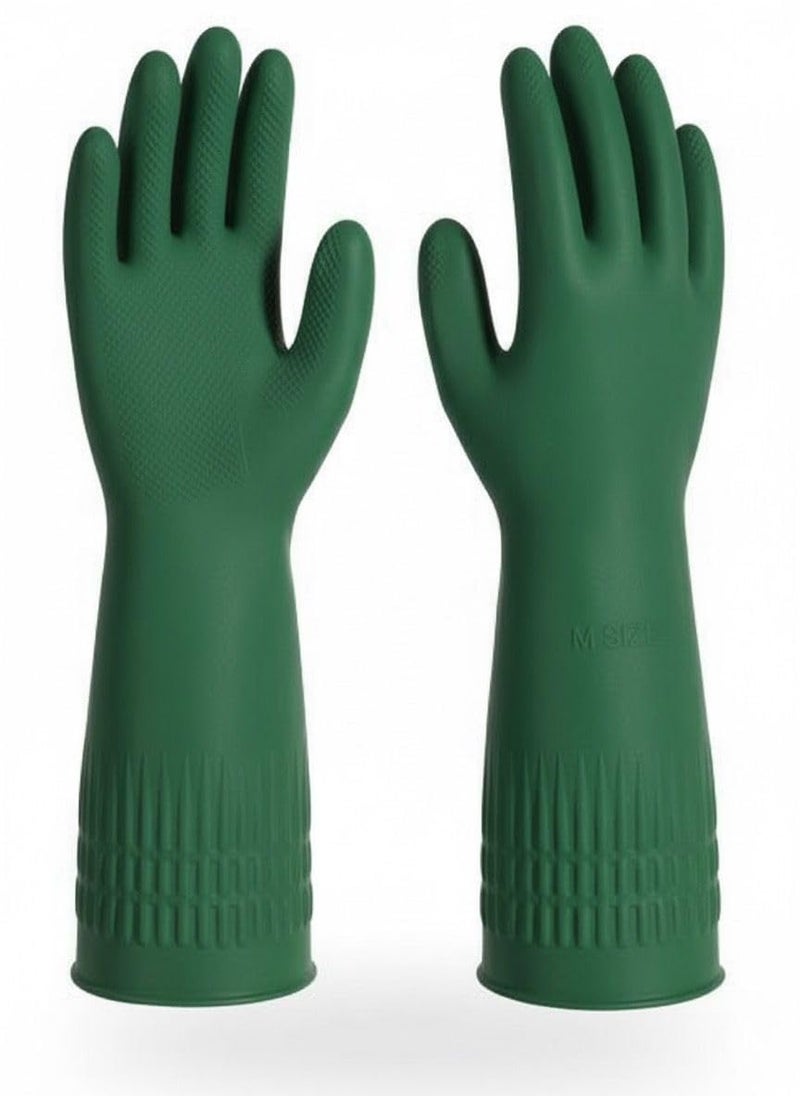 Moxtiza Dishwashing Gloves | Reusable Thick Latex Long-Sleeve Gloves for Kitchen, Household, Industrial Cleaning, Gardening, Painting & Work | 1 Pair, Green - Image 1