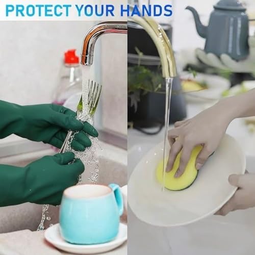Moxtiza Dishwashing Gloves | Reusable Thick Latex Long-Sleeve Gloves for Kitchen, Household, Industrial Cleaning, Gardening, Painting & Work | 1 Pair, Green - Image 5