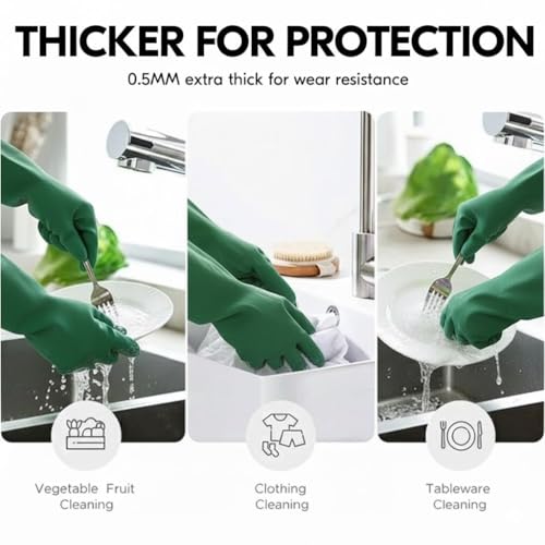 Moxtiza Dishwashing Gloves | Reusable Thick Latex Long-Sleeve Gloves for Kitchen, Household, Industrial Cleaning, Gardening, Painting & Work | 1 Pair, Green - Image 4