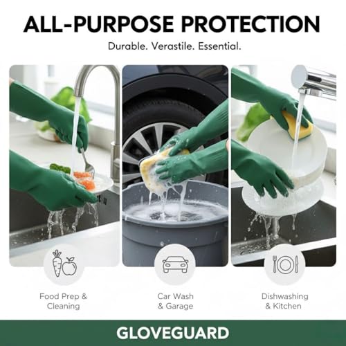 Moxtiza Dishwashing Gloves | Reusable Thick Latex Long-Sleeve Gloves for Kitchen, Household, Industrial Cleaning, Gardening, Painting & Work | 1 Pair, Green - Image 3