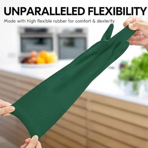 Moxtiza Dishwashing Gloves | Reusable Thick Latex Long-Sleeve Gloves for Kitchen, Household, Industrial Cleaning, Gardening, Painting & Work | 1 Pair, Green - Image 2