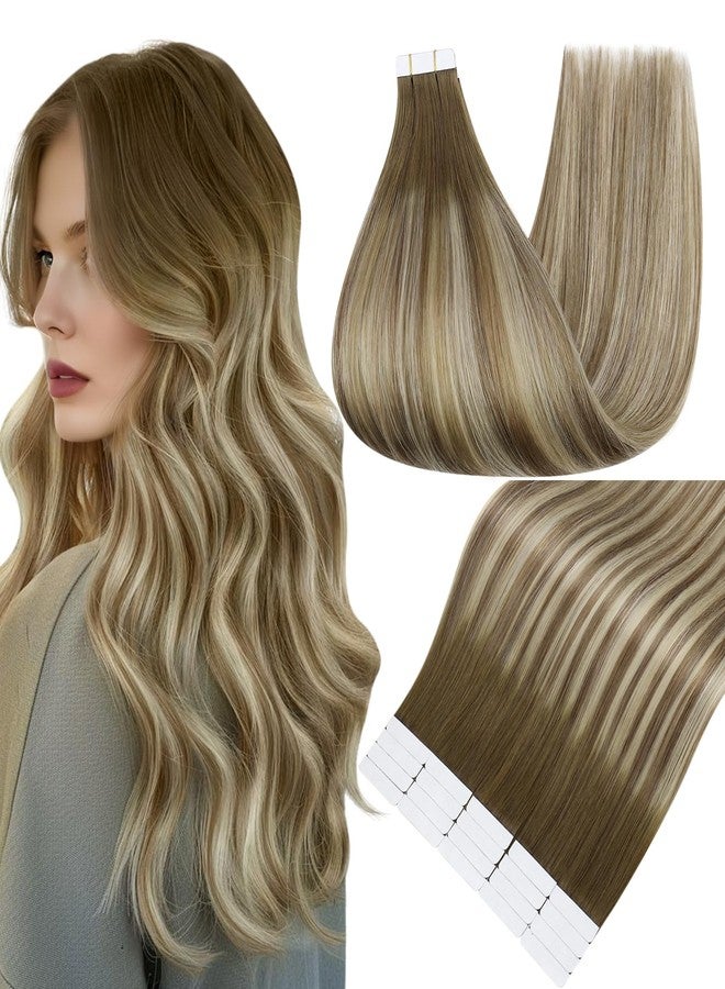 Fshine Full Shine Tape in Hair Extensions Real Human Hair 20 Inch Ombre Tape Extensions Color 3 Fading to 6 Brown and 22 Blonde Balayage Human Hair Tape Ins Extensions Dip Dyed Soft Hair 20Pieces 50 Grams - Image 1