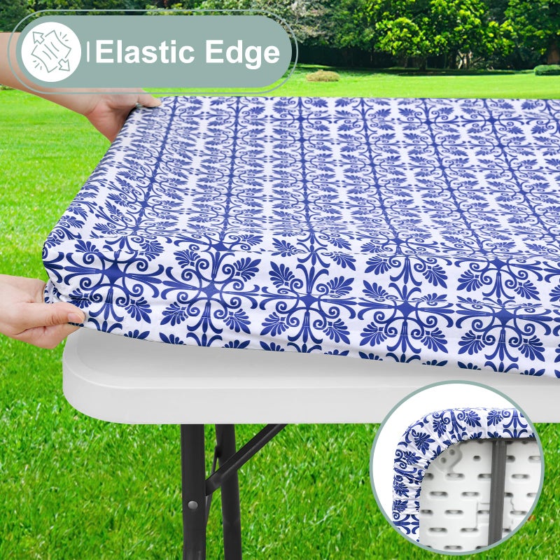Misaya Rectangle Vinyl Table Table Cloth مرنة الفانيلا المائدة المدعومة المدعومة 100 ٪ غطاء طاولة بلاستيكية مقاوم للماء يناسب 8 أقدام طاولات قابلة للطي للتخييم في الهواء الطلق (أزرق 30 "" × 96 "") - Image 2
