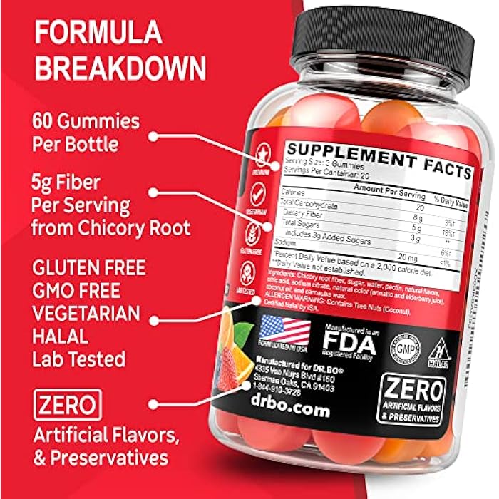 dr.bo Fiber Gummies for Adults & Kids - Tasty Gummy Prebiotic Fiber Supplement, Max Digestive Gut Health Supplements for Women & Men - Daily Cleanse High Chicory Root Inulin Prebiotics - 60 Chewable Gummies - Image 5