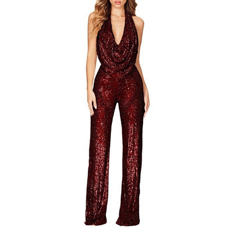 Women's Sleeveless Halter Sequin Jumpsuit - High Waist Straight Leg One Piece, Elegant Office & Evening Wear